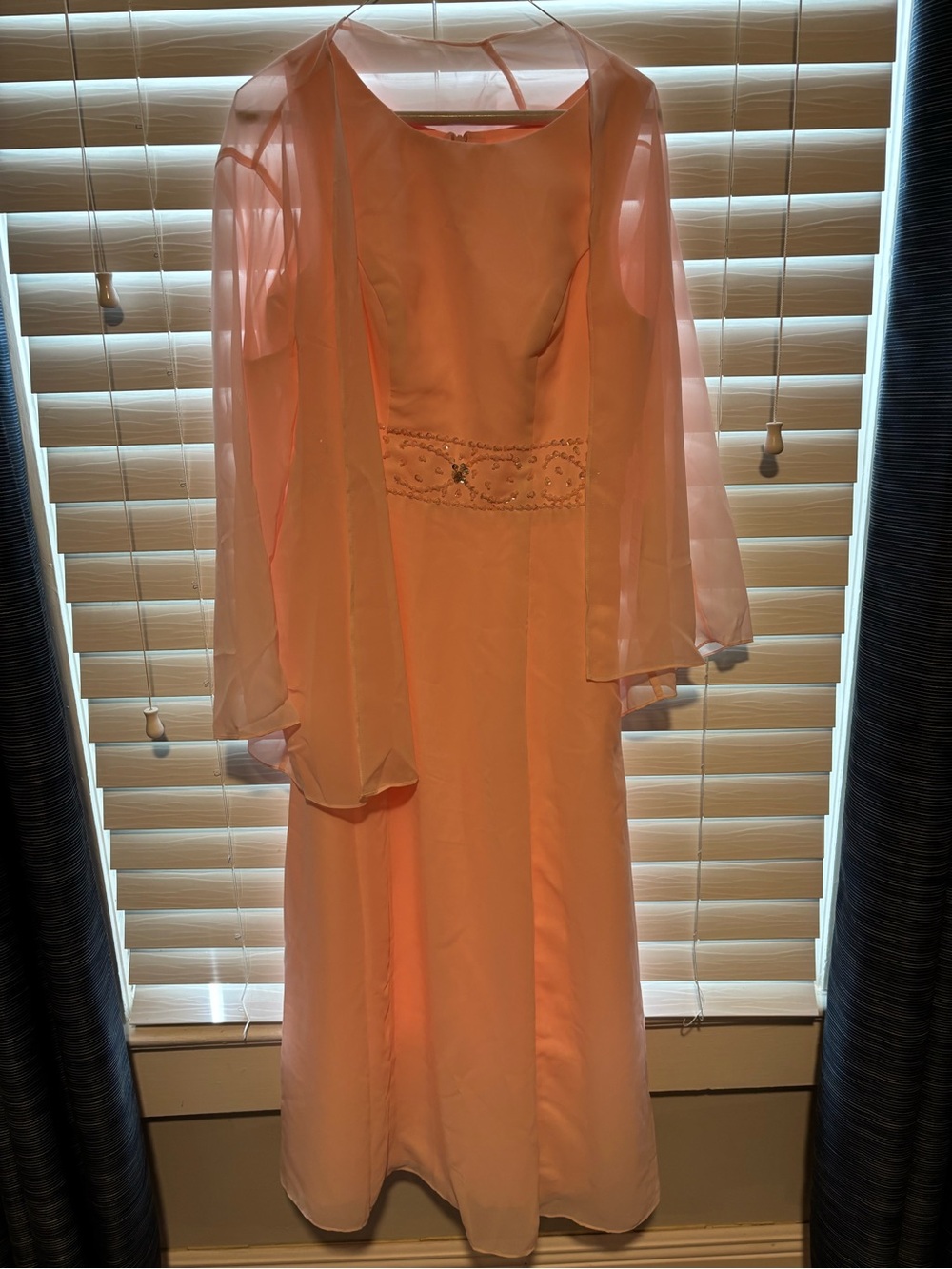 Peach Long Sleeve Formal Dress with Beaded Waist